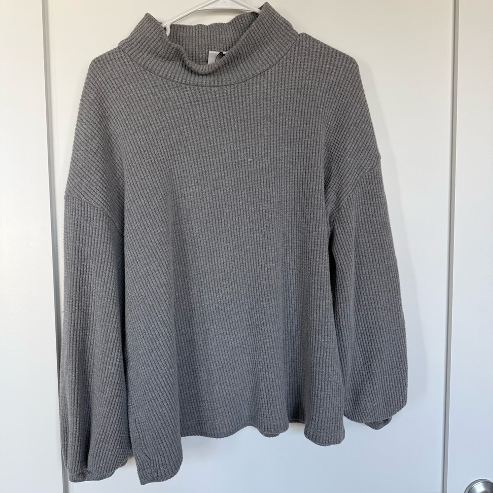 Ava & Viv | Waffle Cowl Neck Sweater Top with Balloon Sleeves